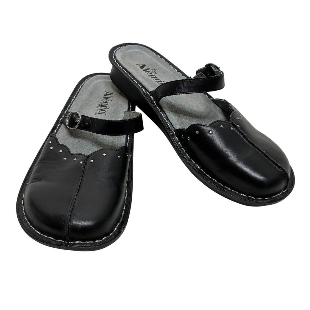 Alegria Womens 39 Leather Mary Jane Slides Clogs Black Studded Scalloped Mules